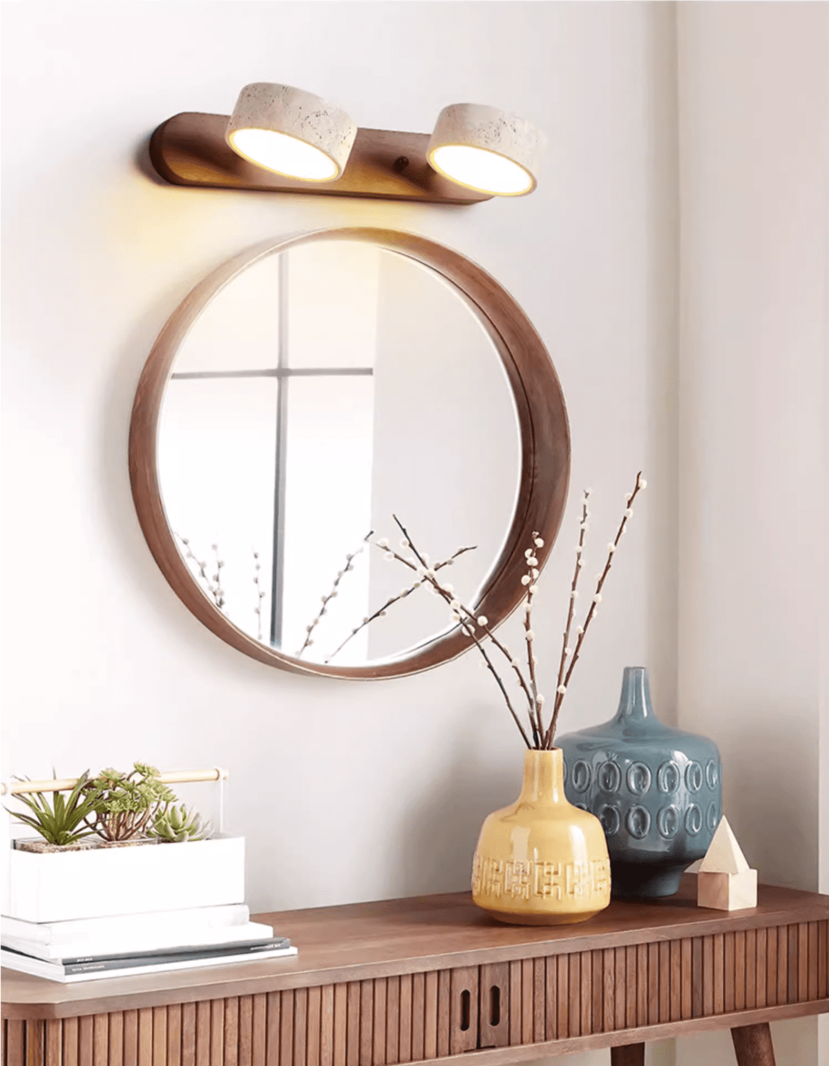 Aplique de pared de piedra natural con LED integrado, lámpara cableada de 2 luces con acento de madera para iluminación ambiental interior en dormitorios, pasillos y salas de estar