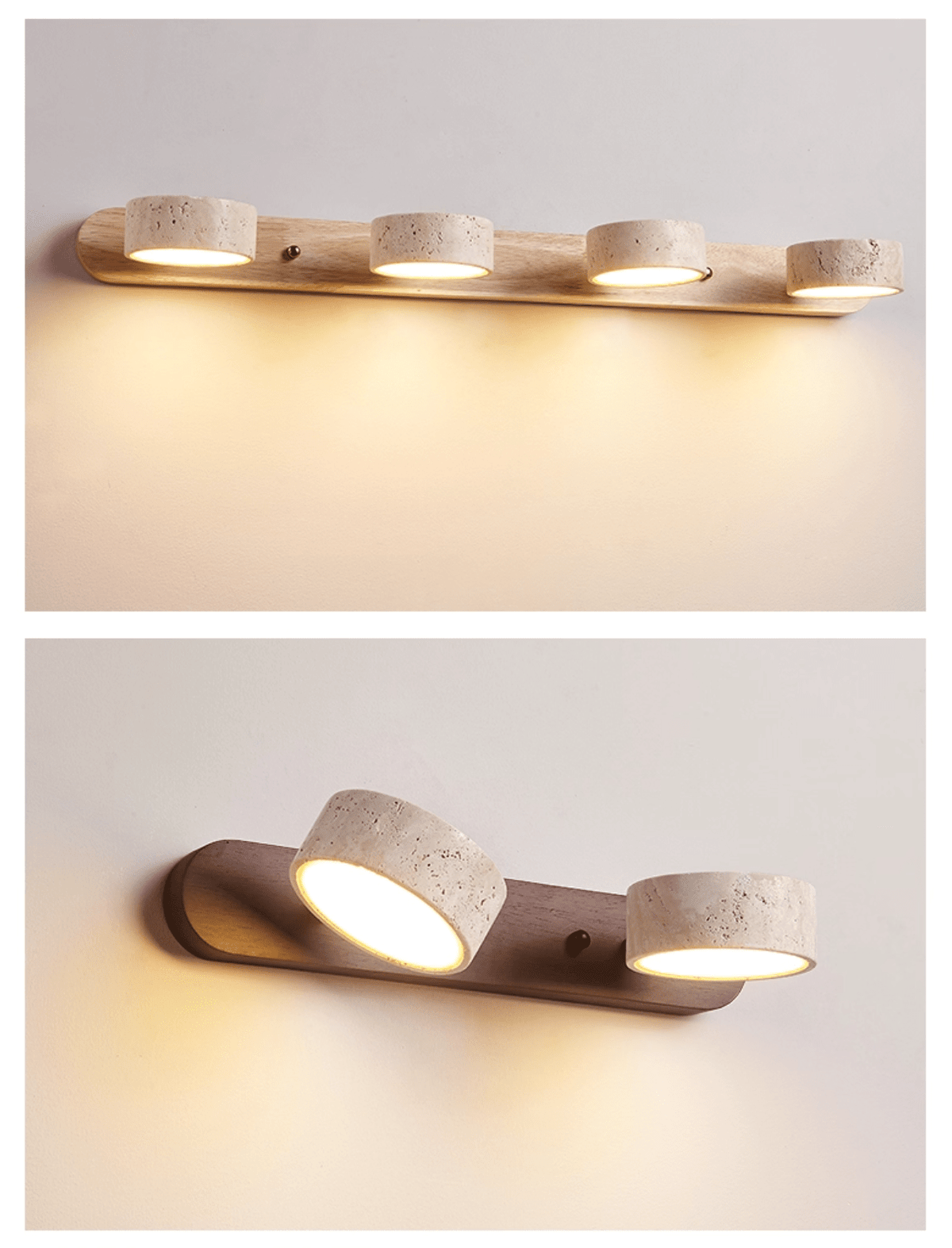 Aplique de pared de piedra natural con LED integrado, lámpara cableada de 2 luces con acento de madera para iluminación ambiental interior en dormitorios, pasillos y salas de estar