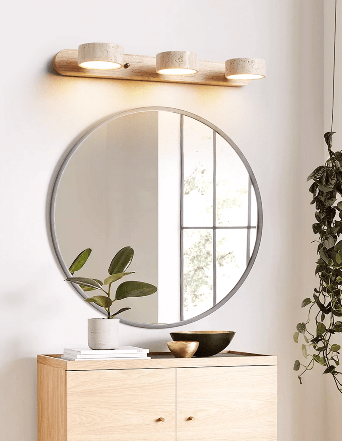 Aplique de pared de piedra natural con LED integrado, lámpara cableada de 2 luces con acento de madera para iluminación ambiental interior en dormitorios, pasillos y salas de estar