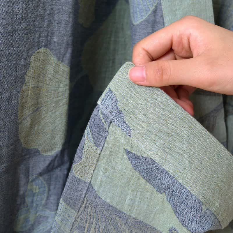 Wendbarer Baumwoll-Kimono für Damen mit Ginkgo-Blatt-Print – Leichter Spa-Bademantel mit Gürtel & zweifarbigem Design