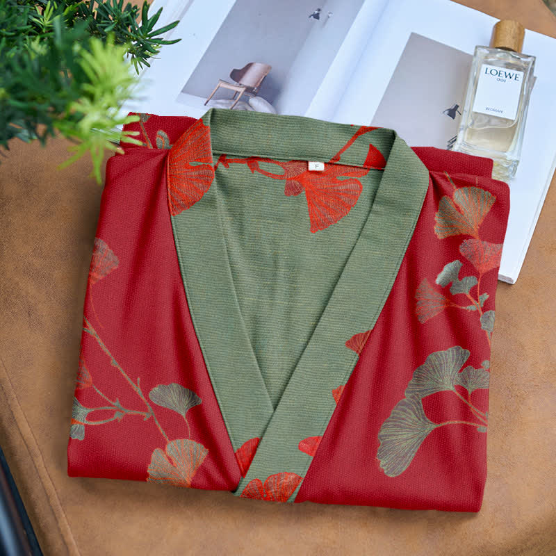 Wendbarer Baumwoll-Kimono für Damen mit Ginkgo-Blatt-Print – Leichter Spa-Bademantel mit Gürtel & zweifarbigem Design