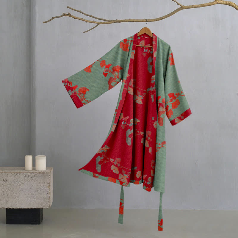 Wendbarer Baumwoll-Kimono für Damen mit Ginkgo-Blatt-Print – Leichter Spa-Bademantel mit Gürtel & zweifarbigem Design