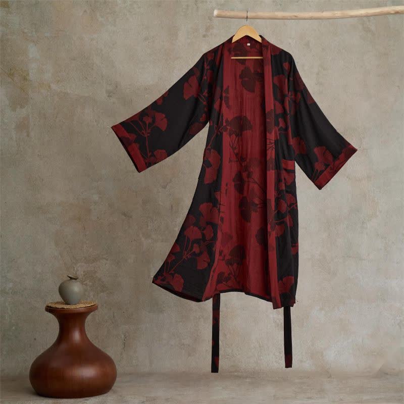 Damesbadjas van Japanse katoengaas met botanische print in oversized model | Lichtgewicht kimonowikkel voor loungewear en nachtkleding
