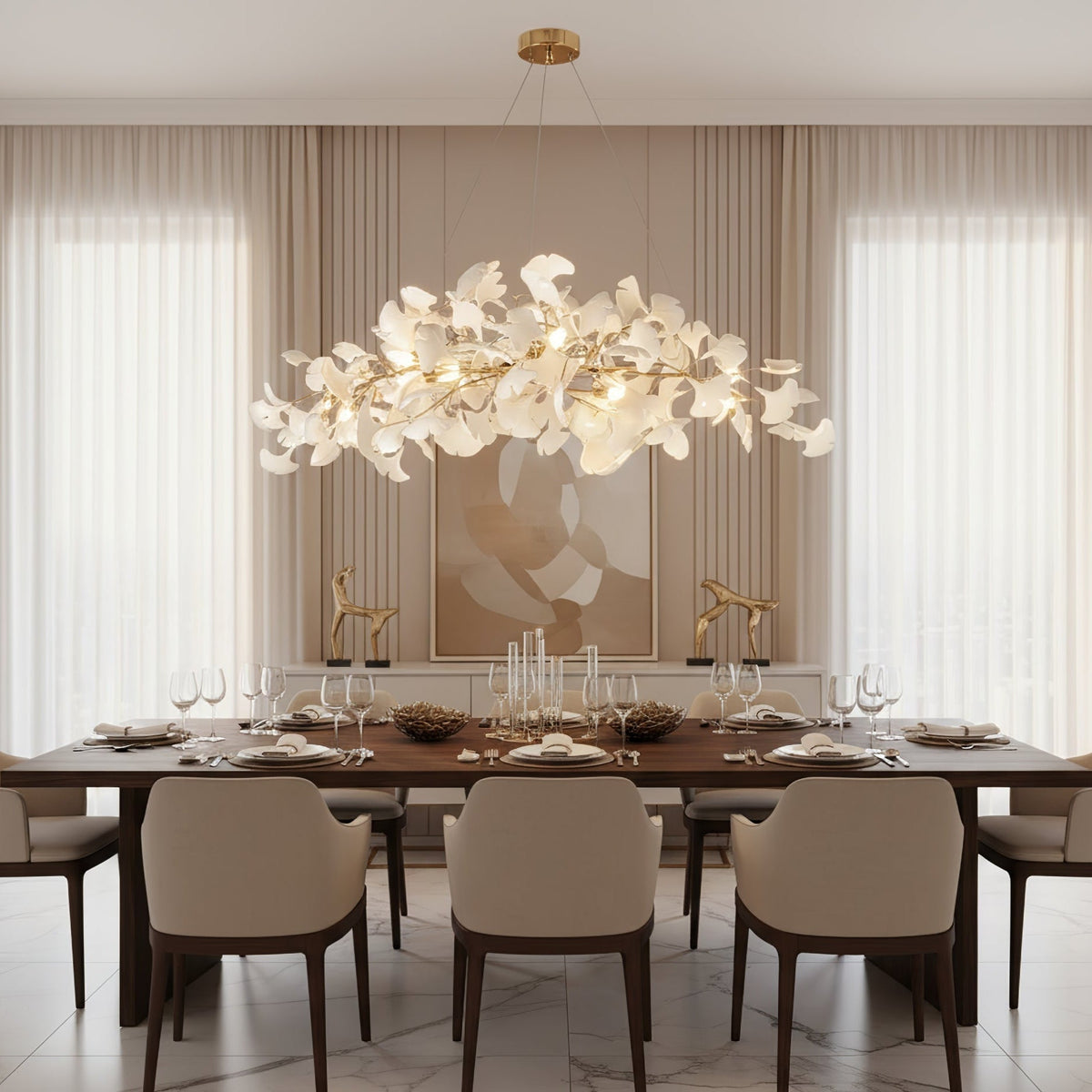Lámpara de techo de porcelana hecha a mano con hojas y ramas flexibles, color dorado y blanco, 70 pulgadas, iluminación de diseño para comedor, vestíbulo y sala de estar