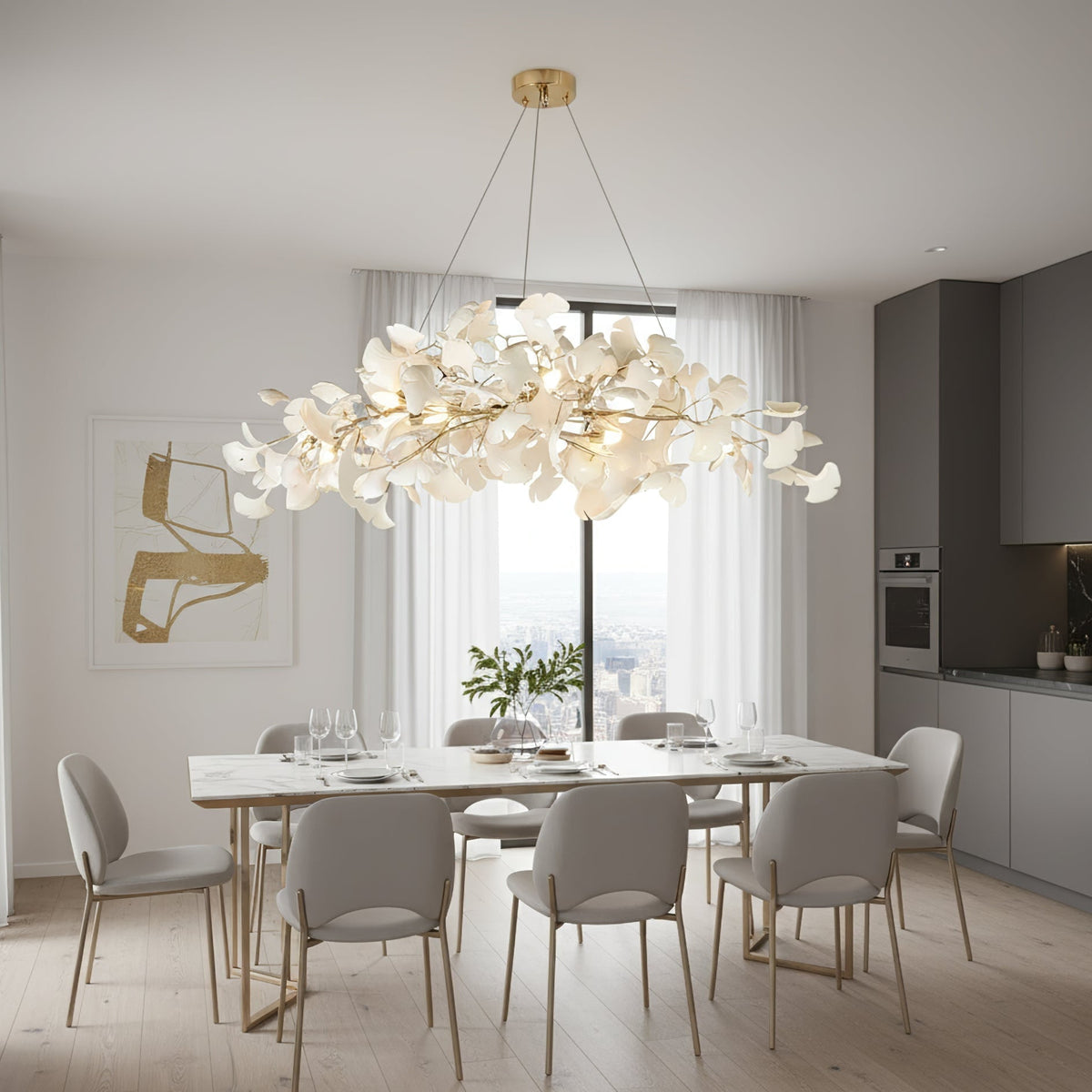 Lámpara de techo de porcelana hecha a mano con hojas y ramas flexibles, color dorado y blanco, 70 pulgadas, iluminación de diseño para comedor, vestíbulo y sala de estar