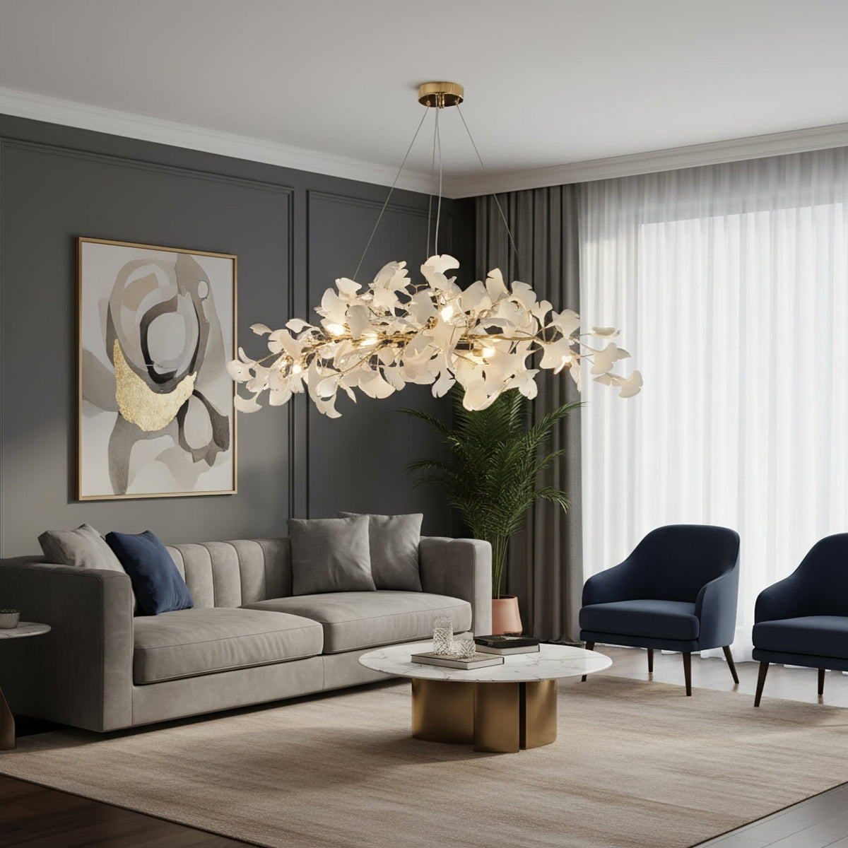Lámpara de techo de porcelana hecha a mano con hojas y ramas flexibles, color dorado y blanco, 70 pulgadas, iluminación de diseño para comedor, vestíbulo y sala de estar