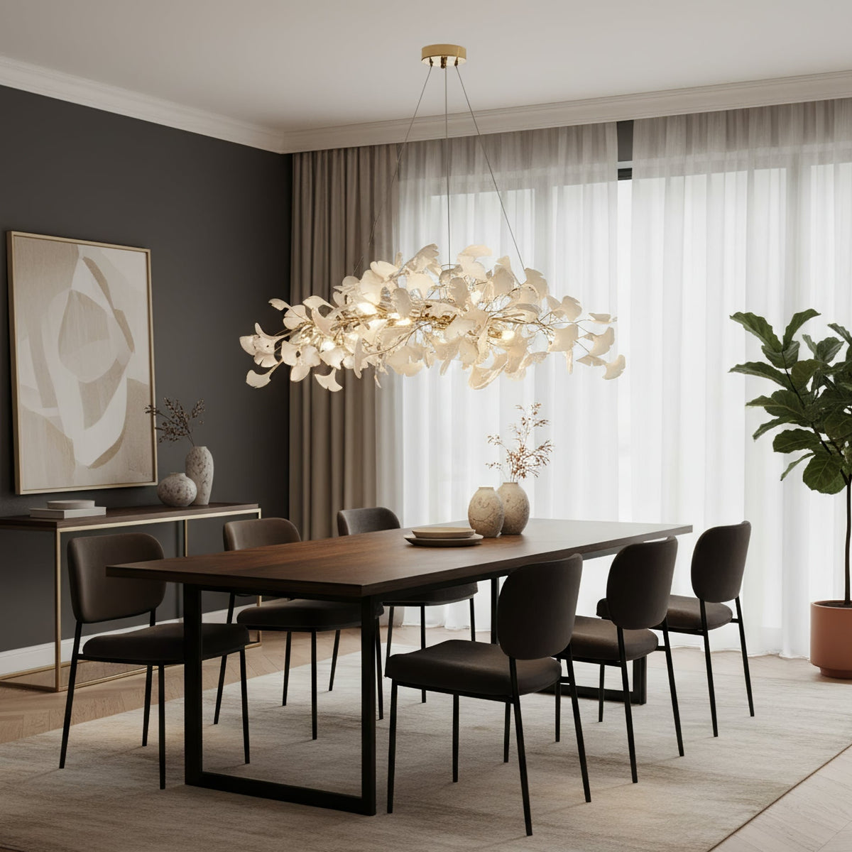 Lámpara de techo de porcelana hecha a mano con hojas y ramas flexibles, color dorado y blanco, 70 pulgadas, iluminación de diseño para comedor, vestíbulo y sala de estar