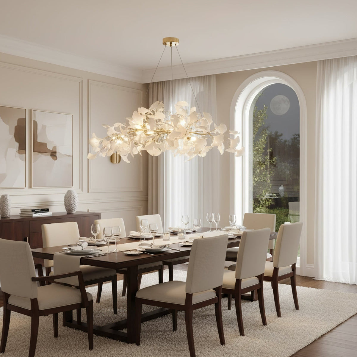 Lámpara de techo de porcelana hecha a mano con hojas y ramas flexibles, color dorado y blanco, 70 pulgadas, iluminación de diseño para comedor, vestíbulo y sala de estar