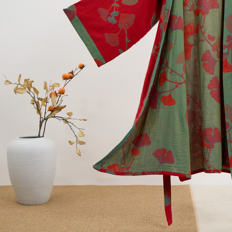 Wendbarer Baumwoll-Kimono für Damen mit Ginkgo-Blatt-Print – Leichter Spa-Bademantel mit Gürtel & zweifarbigem Design