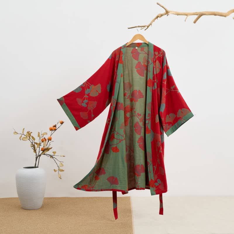 Wendbarer Baumwoll-Kimono für Damen mit Ginkgo-Blatt-Print – Leichter Spa-Bademantel mit Gürtel & zweifarbigem Design