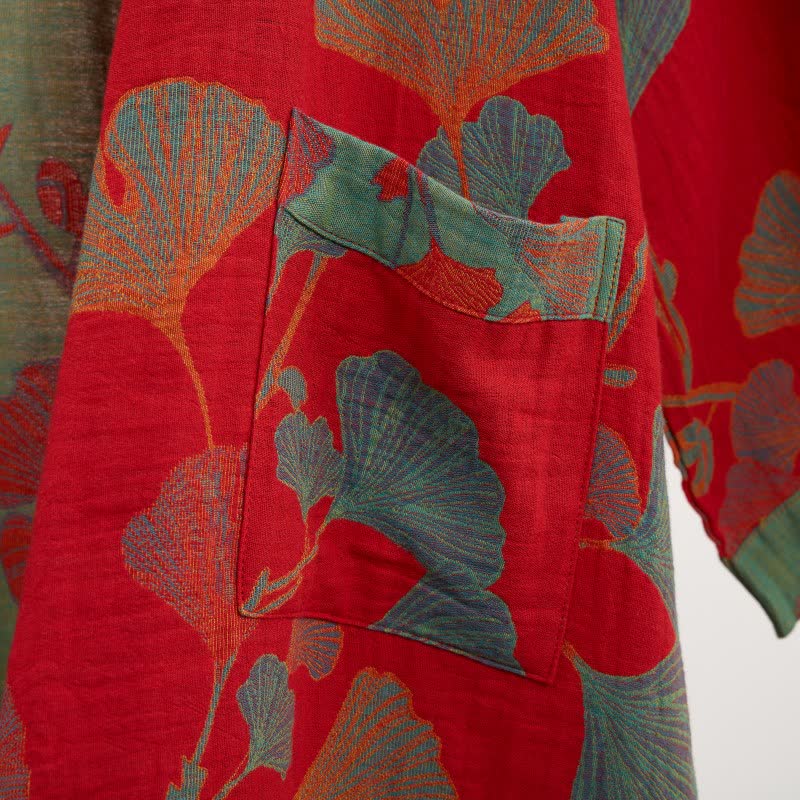 Wendbarer Baumwoll-Kimono für Damen mit Ginkgo-Blatt-Print – Leichter Spa-Bademantel mit Gürtel & zweifarbigem Design