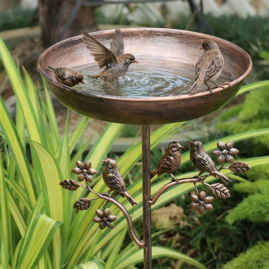 Metal Bird Bath on Garden Stake with Vintage Copper-Tone Finish for Yard & Patio, Easy Assembly Outdoor Birdbath Bowl for Songbirds | Thomler