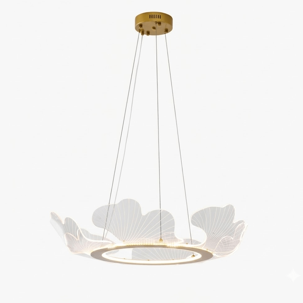 Lámpara colgante redonda con difusor de hojas acrílicas, 27 pulgadas, dorada, altura ajustable, LED para cocina, comedor, oficina, dormitorio, montaje empotrado moderno | Thomler