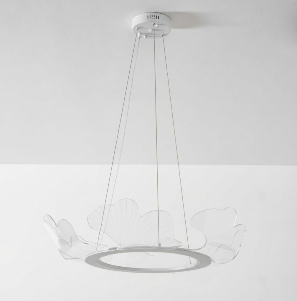 Lámpara colgante redonda con difusor de hojas acrílicas, 27 pulgadas, dorada, altura ajustable, LED para cocina, comedor, oficina, dormitorio, montaje empotrado moderno | Thomler