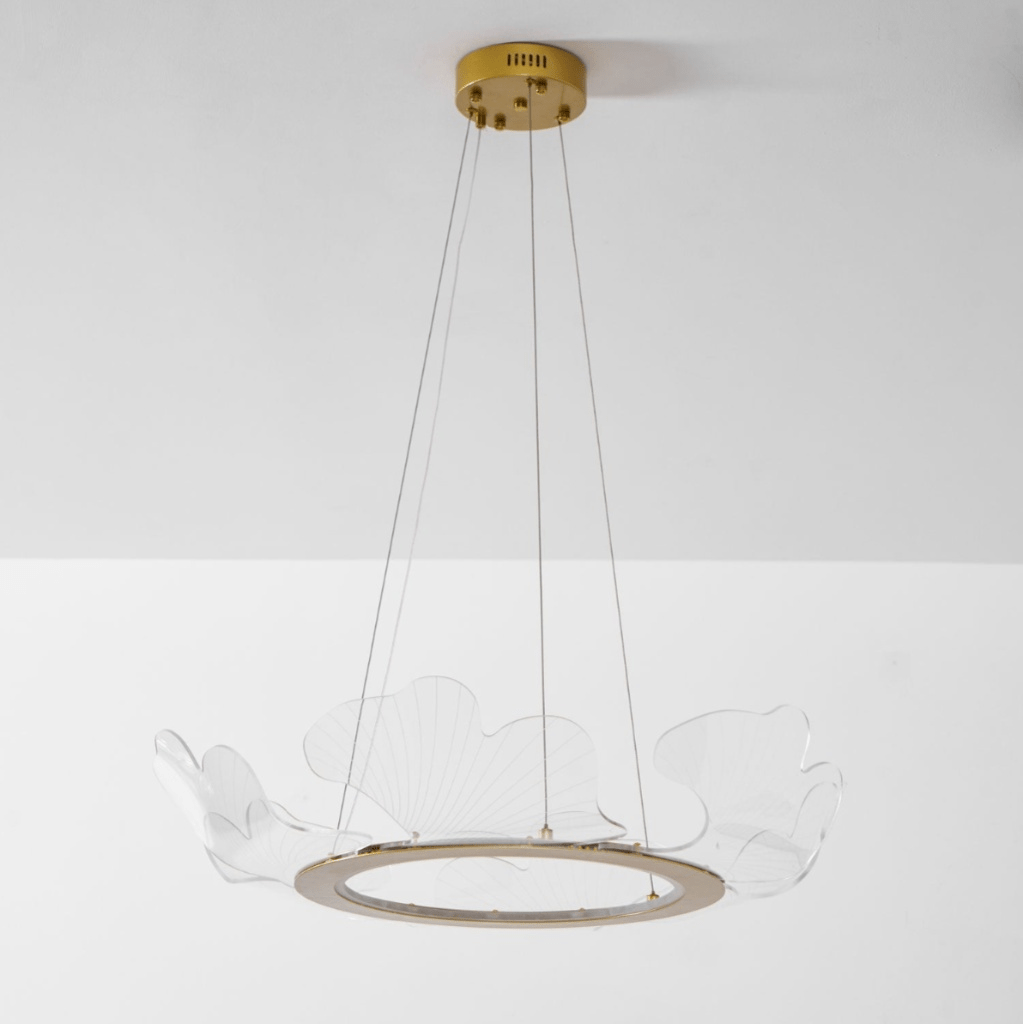 Lámpara colgante redonda con difusor de hojas acrílicas, 27 pulgadas, dorada, altura ajustable, LED para cocina, comedor, oficina, dormitorio, montaje empotrado moderno | Thomler