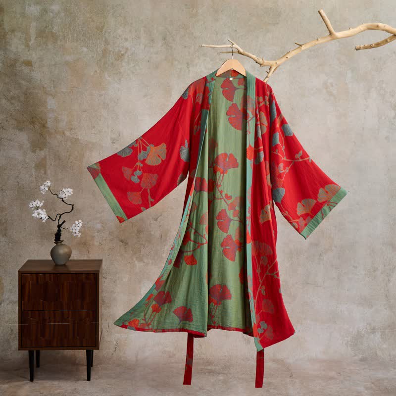 Wendbarer Baumwoll-Kimono für Damen mit Ginkgo-Blatt-Print – Leichter Spa-Bademantel mit Gürtel & zweifarbigem Design