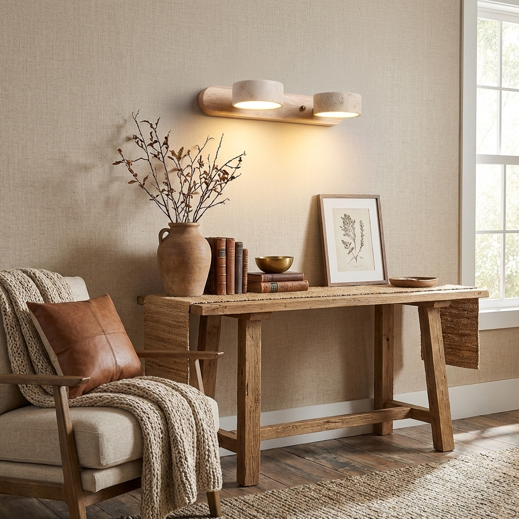 Aplique de pared de piedra natural con LED integrado, lámpara cableada de 2 luces con acento de madera para iluminación ambiental interior en dormitorios, pasillos y salas de estar