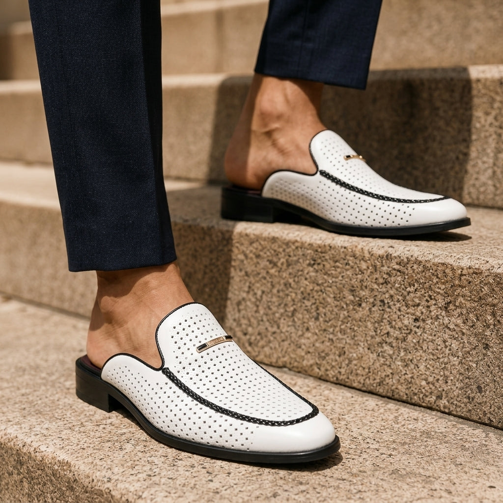 Herren-Slipper mit Obermaterial aus italienischem Leder und rückenfreiem Design