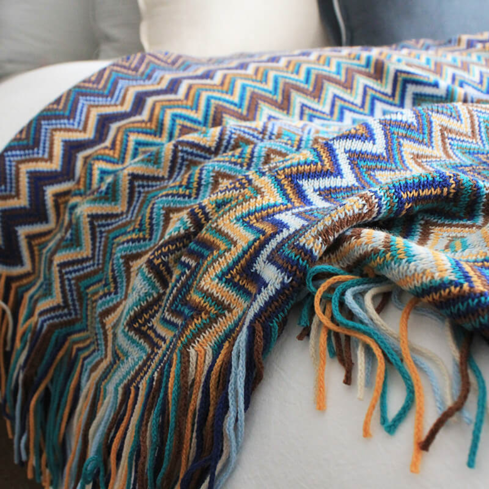 Chevron Knit Throw Blanket with Fringe Trim – Lightweight Acrylic for Year-Round Comfort