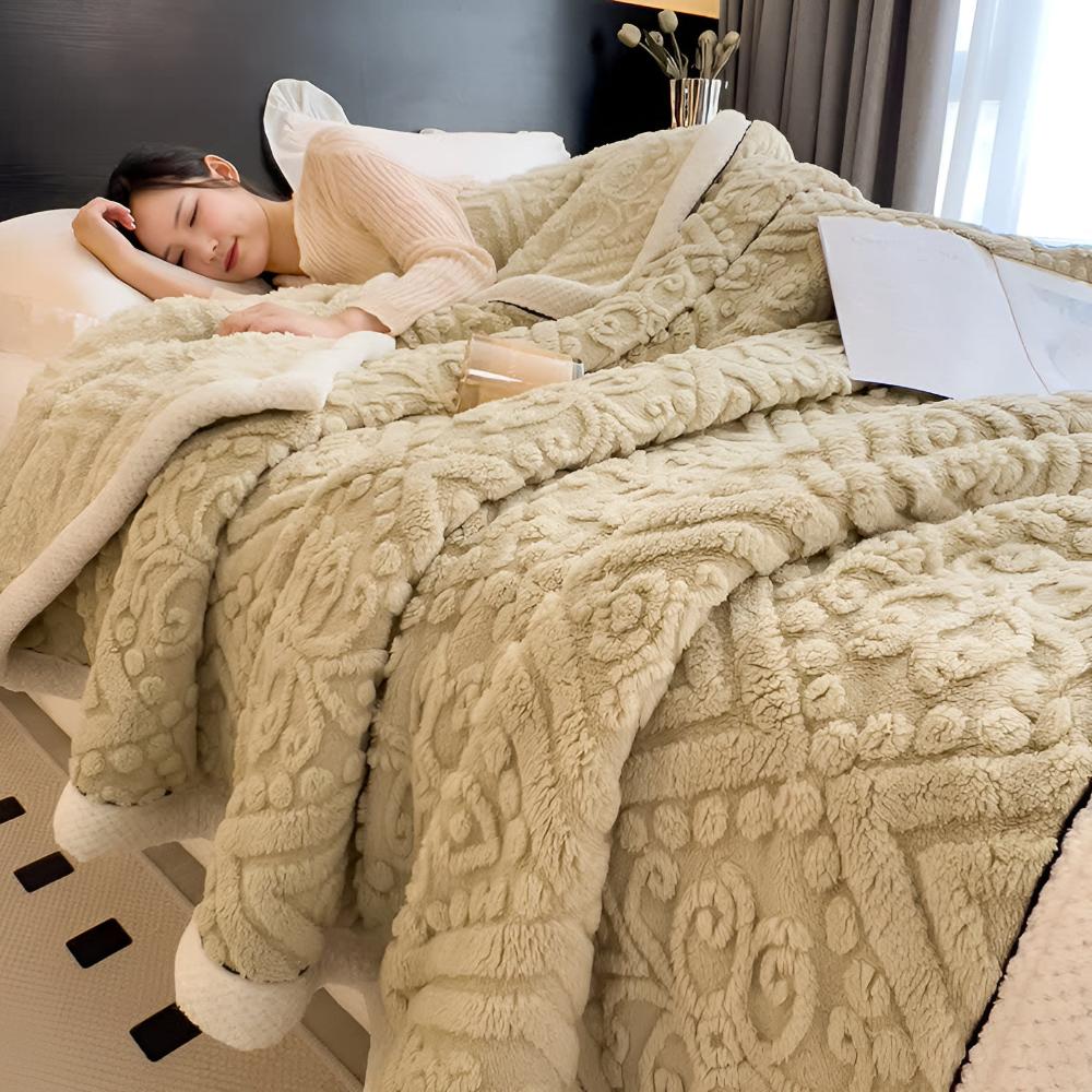 Carved Plush Throw with Sherpa Backing – Double-Sided Blanket for Bed, Couch & Travel