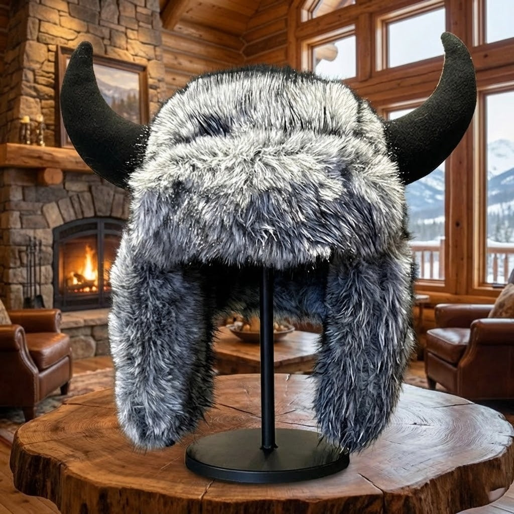 Horned Faux Fur Trapper Hat with Ear Flaps – Thick Insulated Winter Beanie for Men & Women