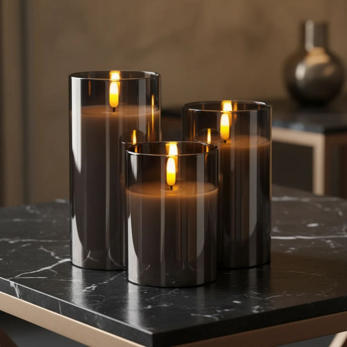 Fernbedienbare, flammenlose LED-Kerzen mit Rauchglas-Gehäuse für Wohn-, Schlaf- und Esszimmer | Thomler