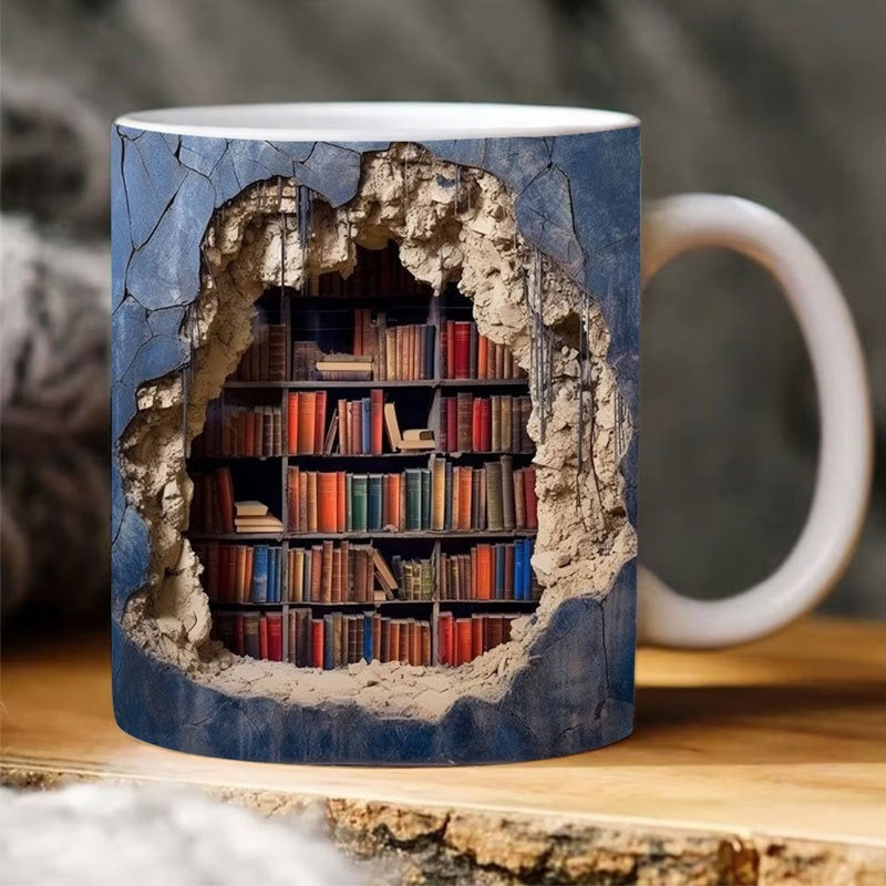 Ceramic Mug with 3D Bookshelf Wrap Design for Coffee Tea Hot Drinks Book Lovers Library Kitchen Microwave Dishwasher Safe Literary Gift | Thomler