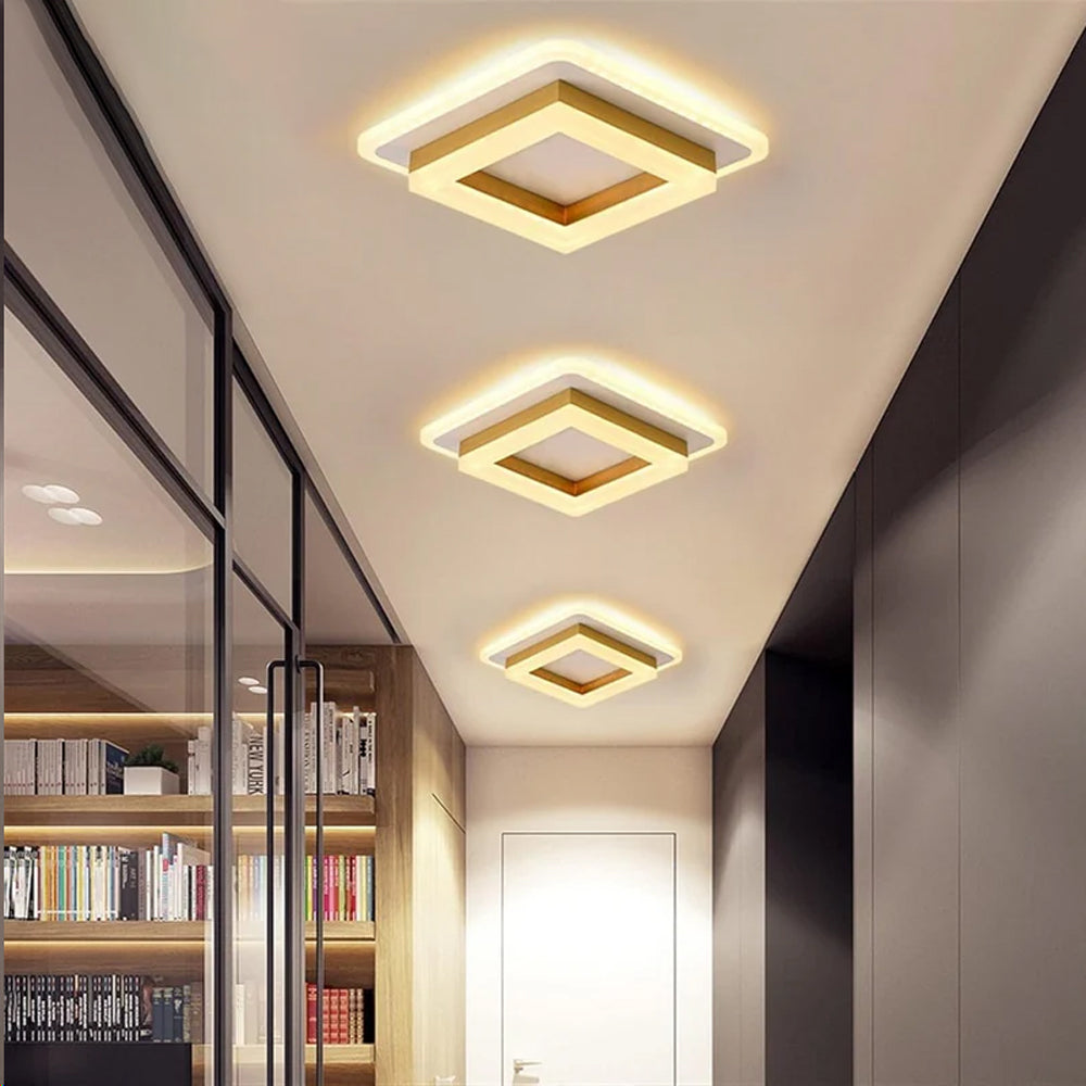 Square LED Flush Mount Ceiling Light 7.7 in Black Gold Modern Geometric Fixture for Bedroom Hallway Office Entryway Layered Frame Low Profil | Thomler