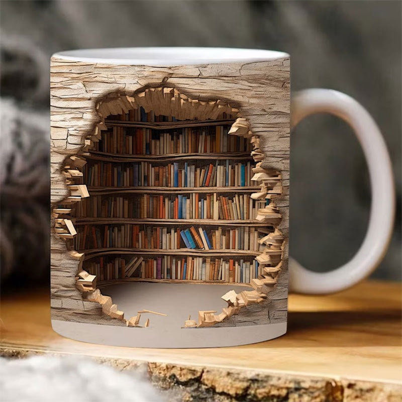 Ceramic Mug with 3D Bookshelf Wrap Design for Coffee Tea Hot Drinks Book Lovers Library Kitchen Microwave Dishwasher Safe Literary Gift | Thomler