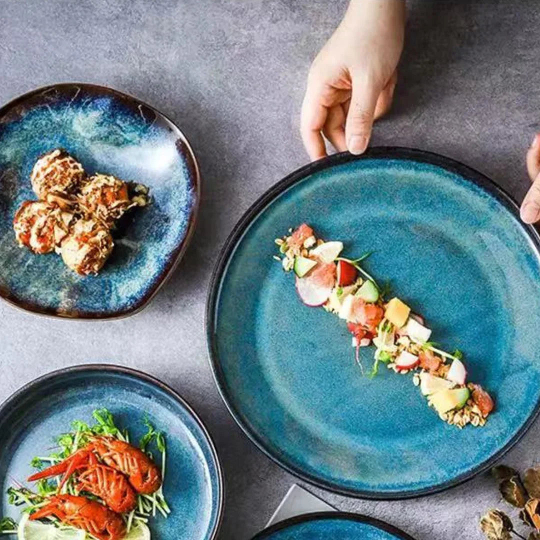 Handgemaakte porseleinen serviesset met turkoois glazuur - 11-delig servies voor diners & familiemaaltijden - Magnetron- & vaatwasserbestendig | Thomler