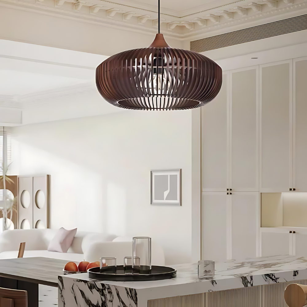 Wood Slat Ceiling Fixture Round Natural 17-Inch Japandi Style Above Table Island Ambient Hanging Light for Dining Kitchen Living Room | Thomler