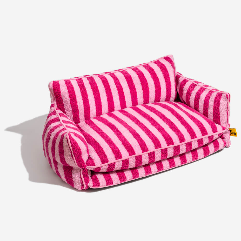 Plush Pet Couch with Washable Cover - Dual-Layer Cushioned Lounger for Dogs & Cats - Striped Fleece Nap Spot