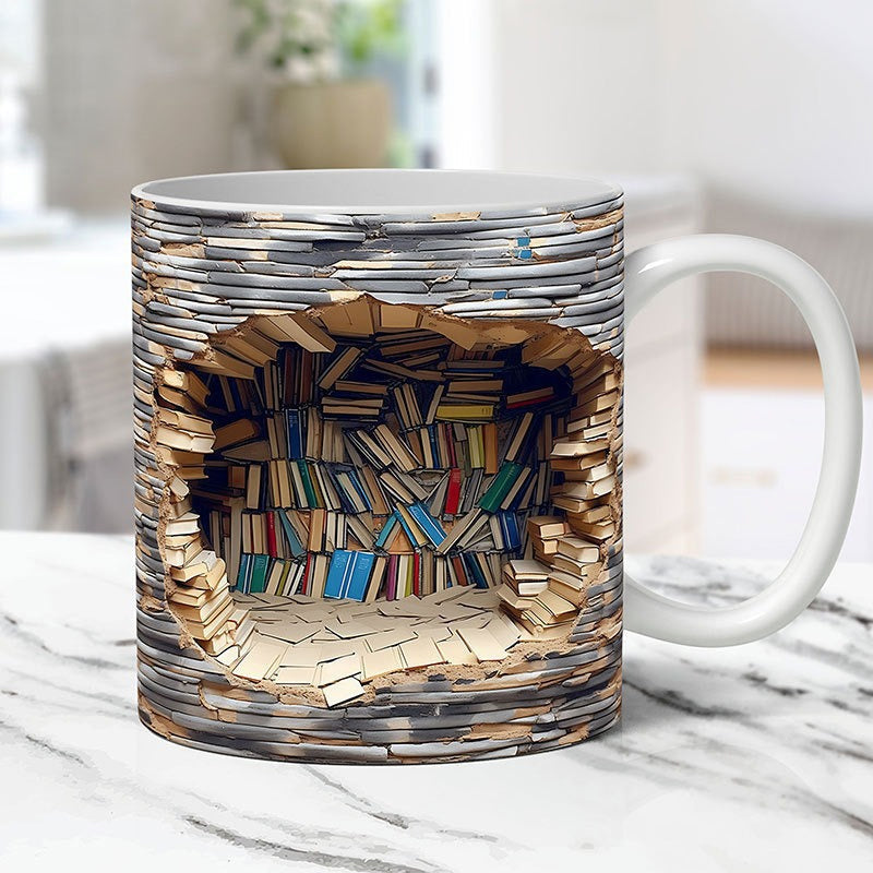 Ceramic Mug with 3D Bookshelf Wrap Design for Coffee Tea Hot Drinks Book Lovers Library Kitchen Microwave Dishwasher Safe Literary Gift | Thomler