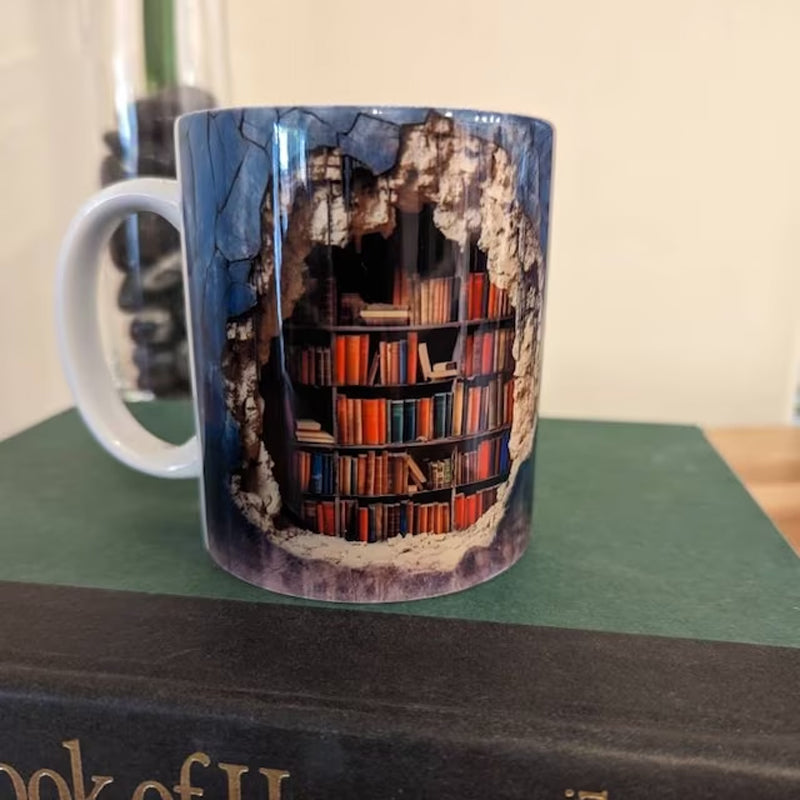 Ceramic Mug with 3D Bookshelf Wrap Design for Coffee Tea Hot Drinks Book Lovers Library Kitchen Microwave Dishwasher Safe Literary Gift | Thomler