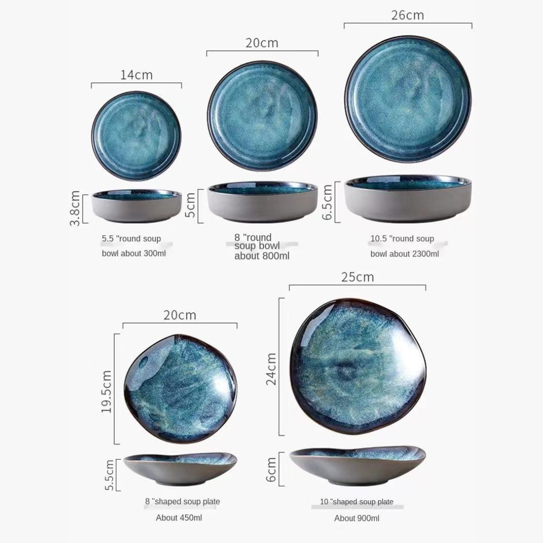Juego de vajilla de porcelana de 11 piezas, color azul agua, platos y tazones, servicio para 4, vajilla de cocina completa para cenas familiares y entretenimiento, apta para microondas y lavavajillas | Thomler