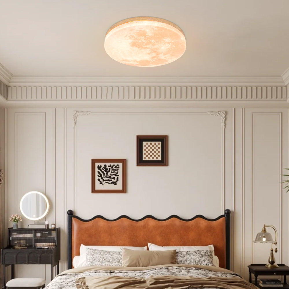 Runde LED-Unterputz-Deckenleuchte mit Mondoberflächen-Design, Holz & Acryl, 48 cm Durchmesser, für Schlafzimmer, Wohnzimmer und Flure, modernes Ambiente