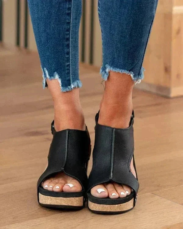 Damen-Plateau-Keilsandalen aus Leder mit Fußgewölbestütze