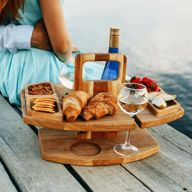Portable Wooden Wine Table for Picnics – Holds Bottle, Glasses & Snacks for Outdoor Dining, Beach Trips, Garden Parties