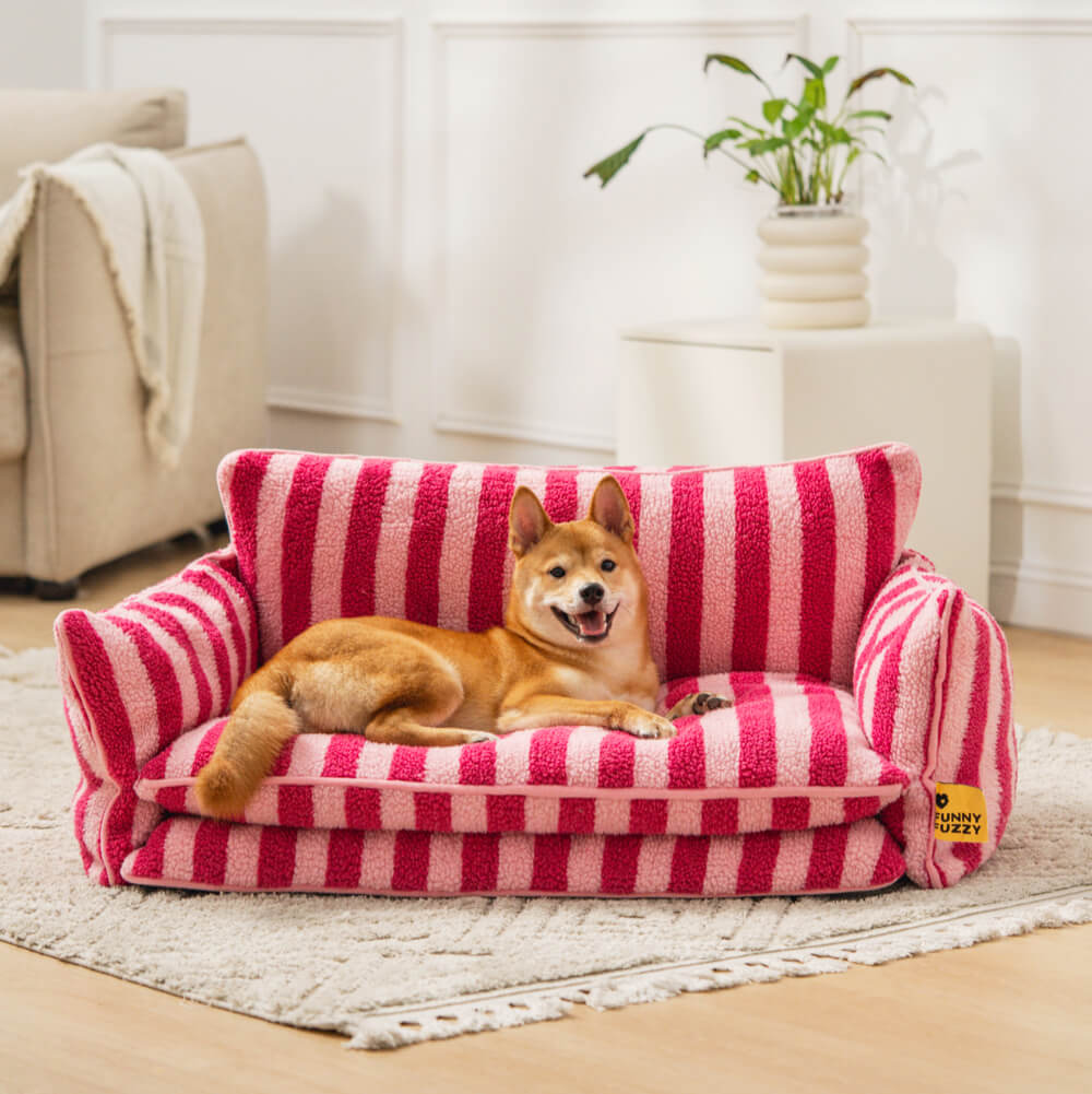 Plush Pet Couch with Washable Cover - Dual-Layer Cushioned Lounger for Dogs & Cats - Striped Fleece Nap Spot
