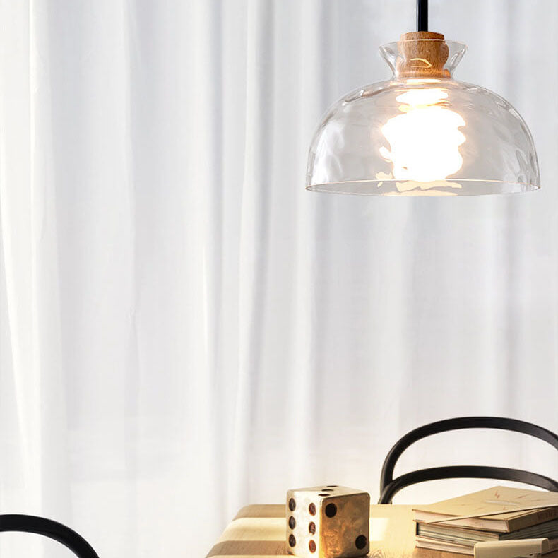 Clear Glass Pendant Light with Wood Accent E26 Socket for Kitchen Island Dining Room Bedroom Ceiling Fixture Hardwired Hanging Lamp | Thomler