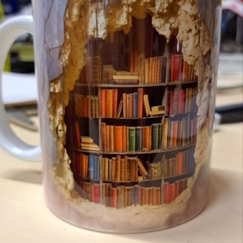 Ceramic Mug with 3D Bookshelf Wrap Design for Coffee Tea Hot Drinks Book Lovers Library Kitchen Microwave Dishwasher Safe Literary Gift | Thomler