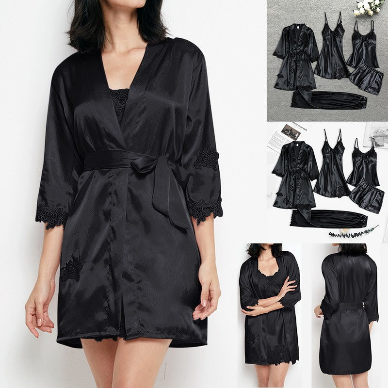 Women's Satin Pajama Set 4-Piece Robe Cami Shorts & Pants with Lace Trim for Bedroom Loungewear Sleepwear Nightwear Gift