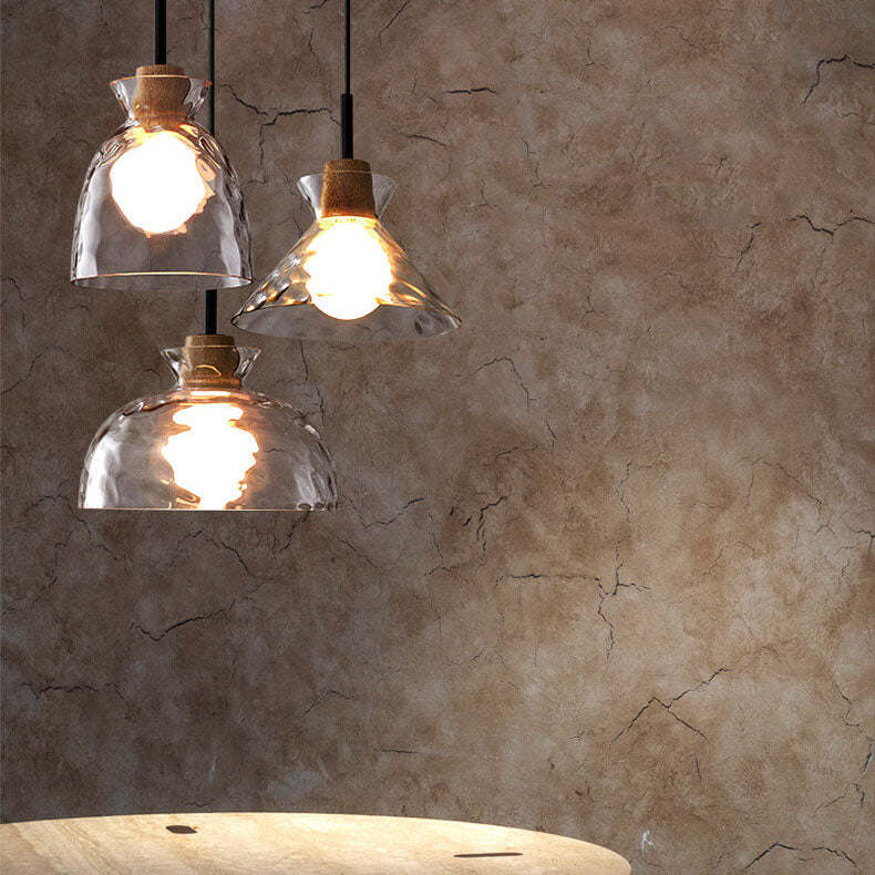 Clear Glass Pendant Light with Wood Accent E26 Socket for Kitchen Island Dining Room Bedroom Ceiling Fixture Hardwired Hanging Lamp | Thomler