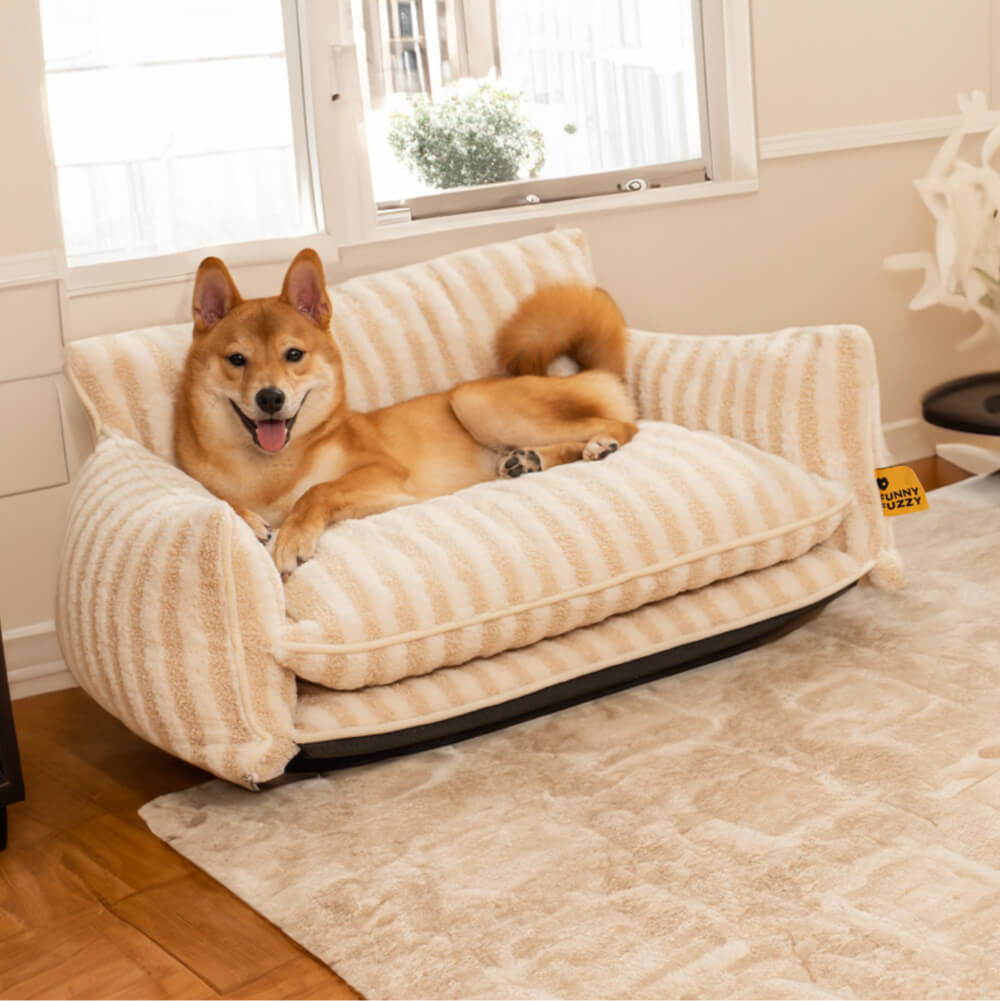 Plush Pet Couch with Washable Cover - Dual-Layer Cushioned Lounger for Dogs & Cats - Striped Fleece Nap Spot