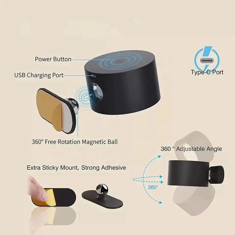 Aplique de pared giratorio LED recargable con control táctil, 3 modos de luz, alimentación por USB, rotación de 360 grados, inalámbrico, luz nocturna para lectura en dormitorio o pasillo | Thomler