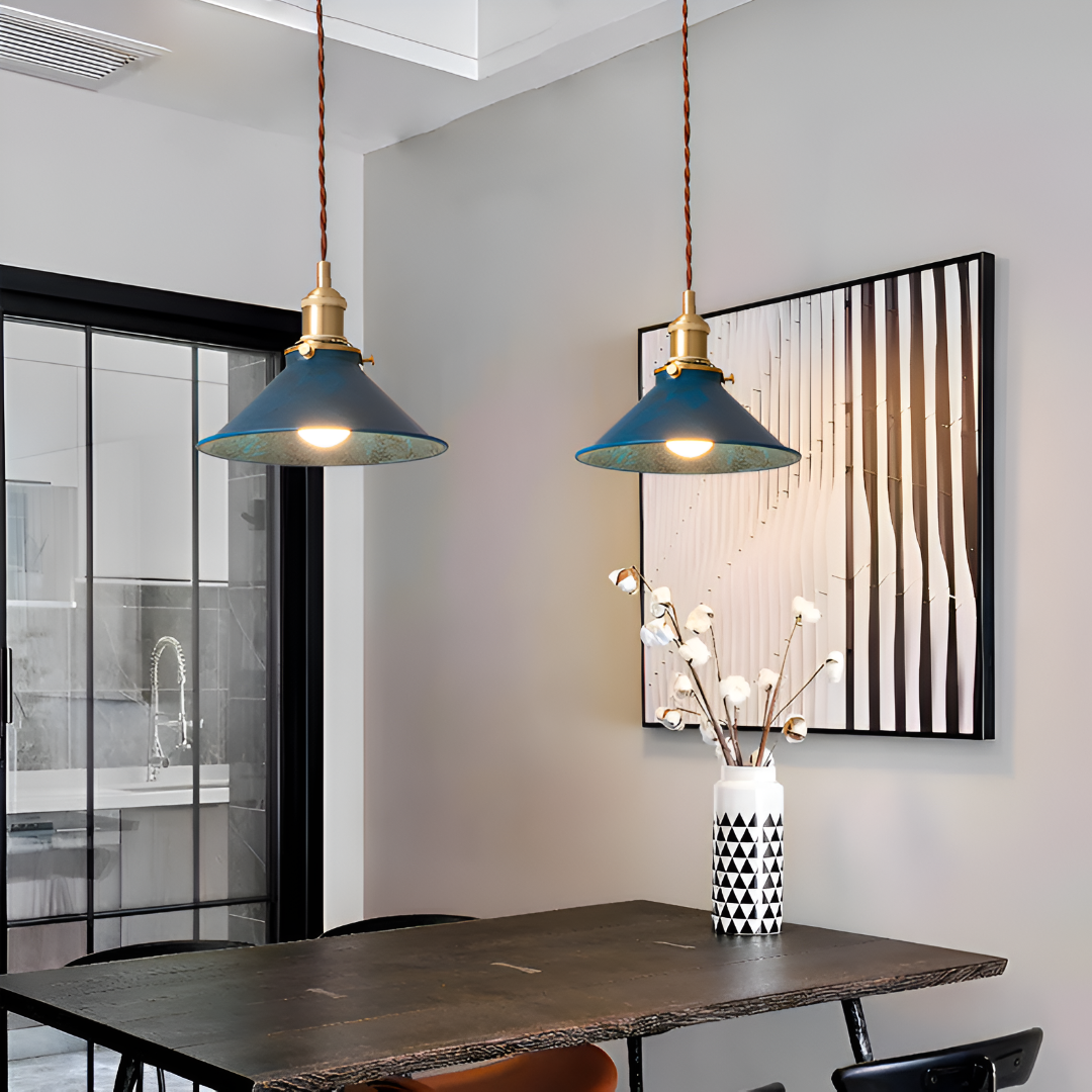Iron Overhead Fixture 14-Inch Shade Blue Adjustable Drop Height E27 Socket Dining Counter Island Task Lighting Modern Vintage Warehouse Farm | Thomler
