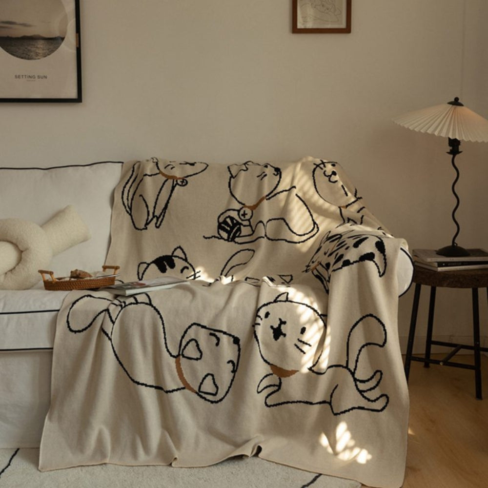 Cat Pattern Throw Blanket – 100% Cotton Weave – Breathable All-Season Bed & Sofa Cover