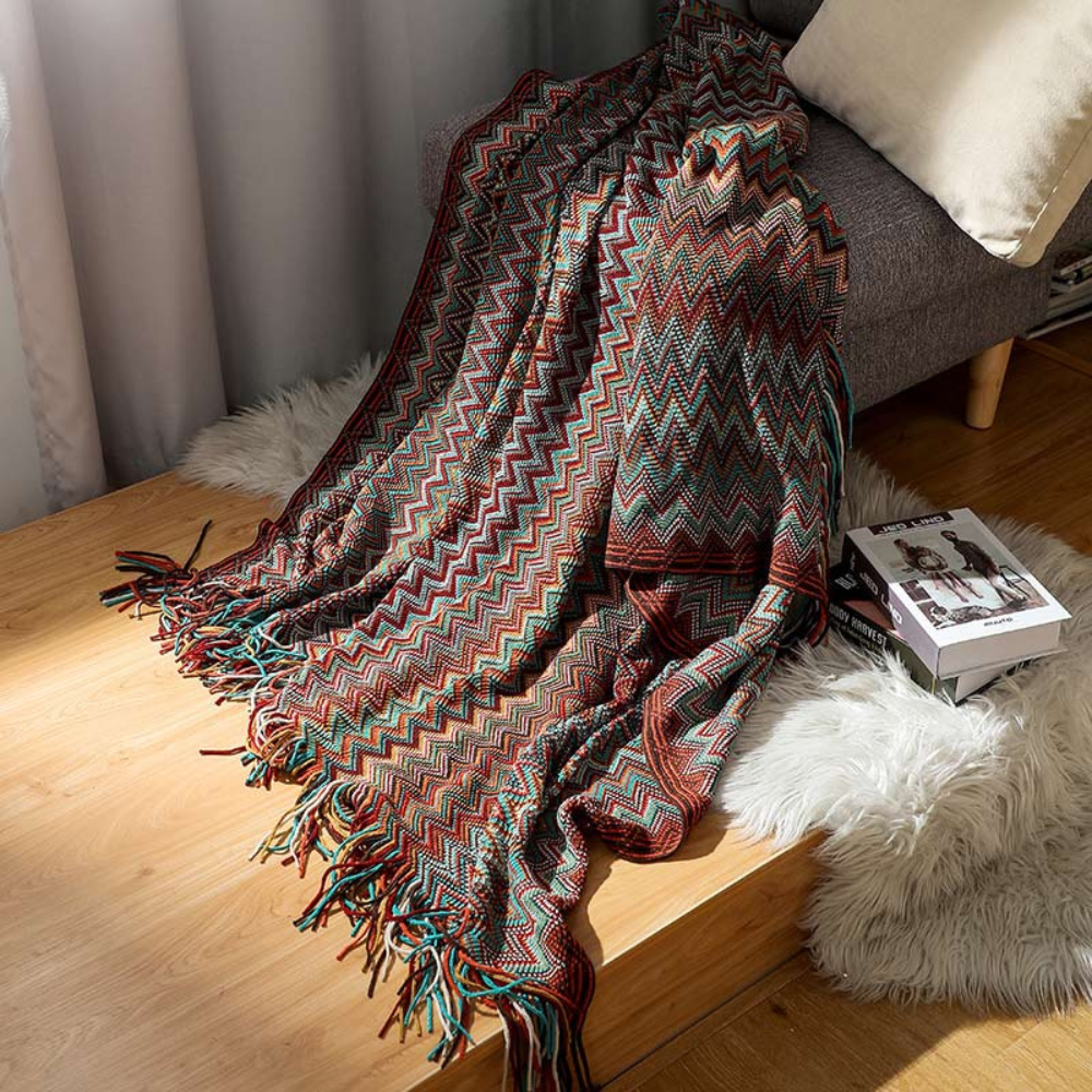 Chevron Knit Throw Blanket with Fringe Trim – Lightweight Acrylic for Year-Round Comfort