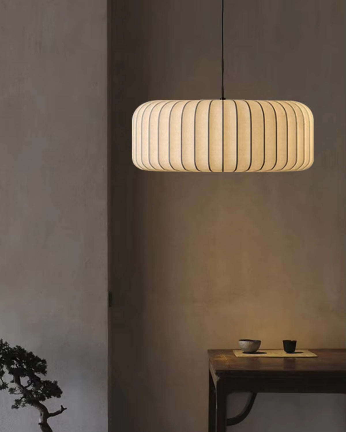 Hanglamp met stoffen trommelkap, 22 inch, neutrale tint, voor eetkamer of keukeneiland, modern Japandi-stijl, E27-fitting | Thomler