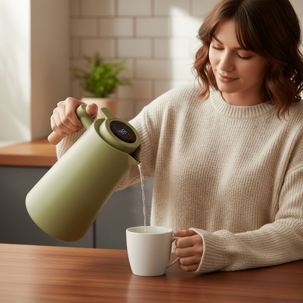 Botella de agua aislada con pantalla digital de temperatura de 34 oz, termo de acero inoxidable con asa de madera para café, té, bebidas frías y calientes, acampada | Thomler